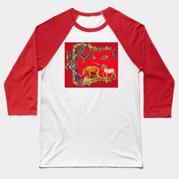 WEIRD MEDIEVAL BESTIARY IN RED ,DRAGON,UNICORN,RHINO AND KILLER RABBIT Baseball T-Shirt by BulganLumini